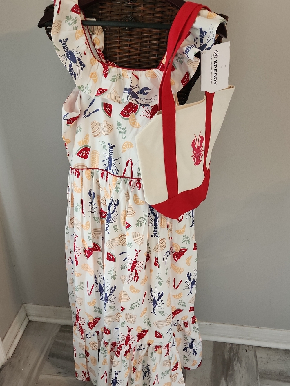 Sperry White Sleeveless Sundress with Red & Navy Nautical Print & CANVAS BAG